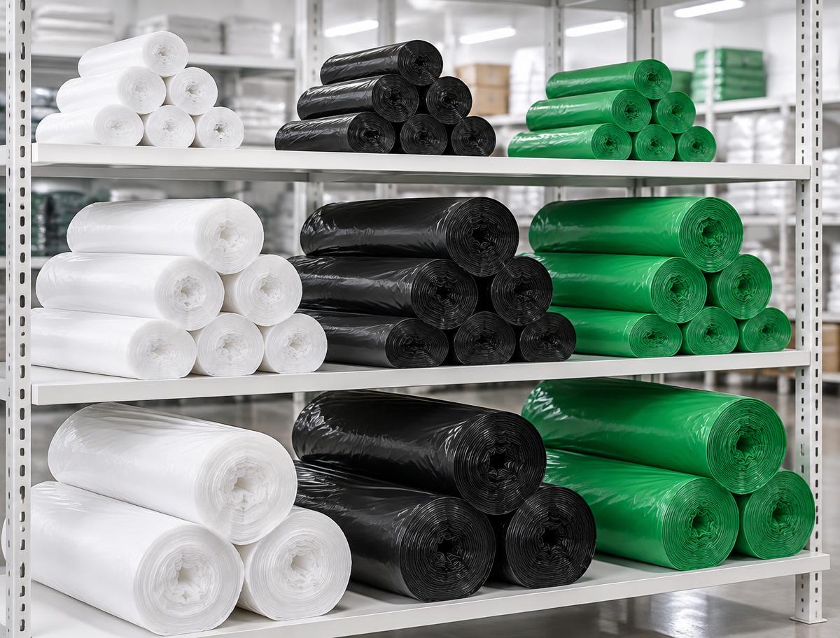 Sacos de lixo de diferentes tamanhos e cores organizados em prateleira de fábrica no Rio de Janeiro